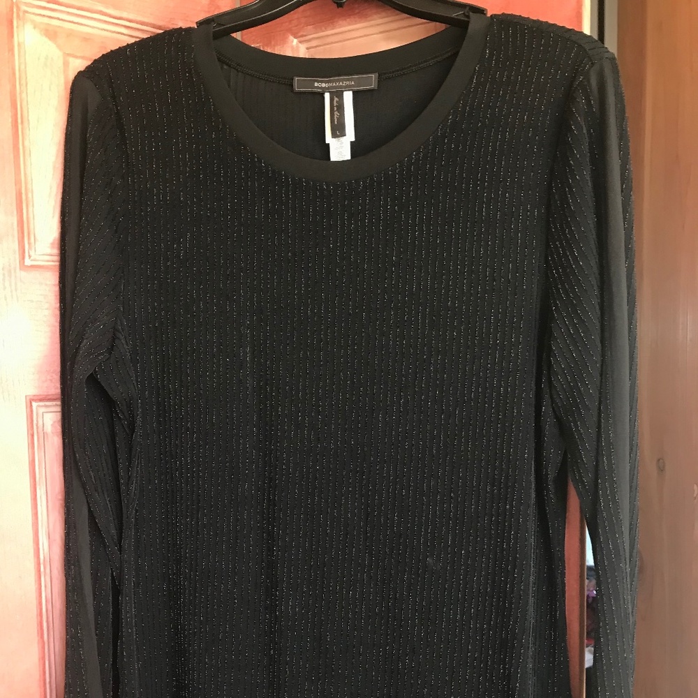 BCBGMAXAZIRA BLACK SPARKLY PIN STRIPED BLOUSE L